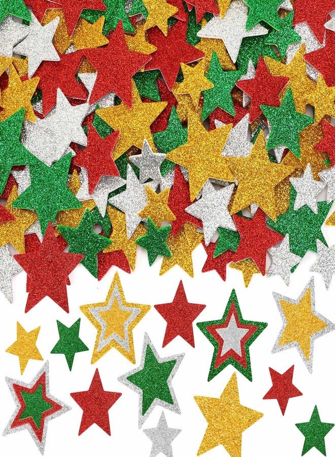 JULBEAR Star Foam Sticker, 300Pcs Christmas Glitter Star Shapes Foam Stickers for Kids Holiday Xmas Party Favors Toddler DIY Crafts Supplies Home Decorations(Red Green Gold Silver) - Image 1